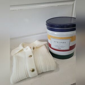 The Bay Canada's Hudson Bay Vintage Cardigan & A Hudson Bay Iconic Stripped Tin.